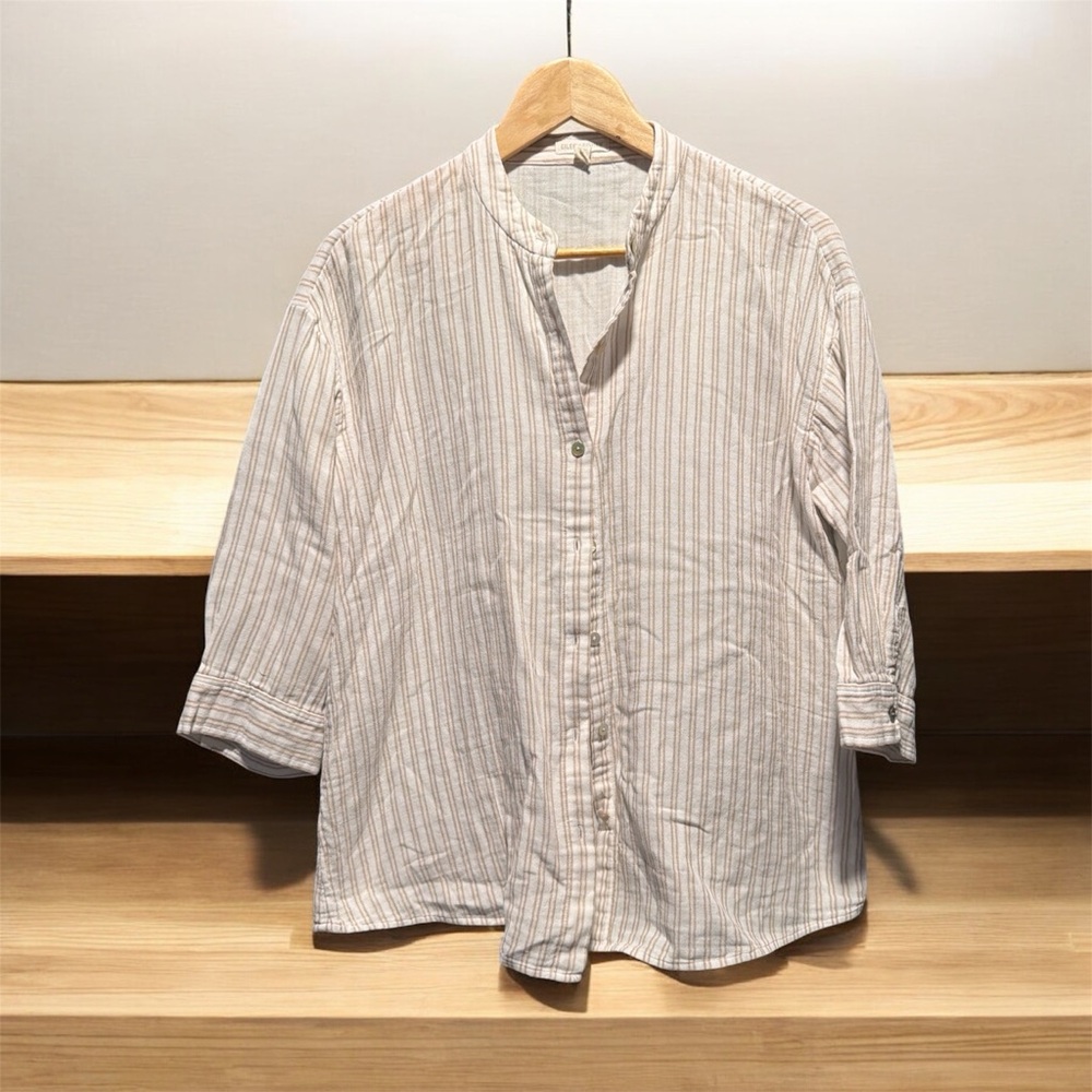 Eileen Fisher Cream Button-Front Casual Shirt with Tan Stripes